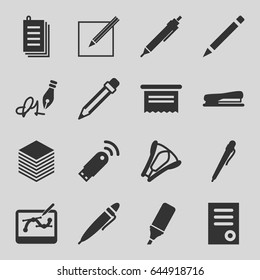 Pen icons set. set of 16 pen filled icons such as document, pen, paper, highlighter, stapler