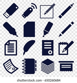 Pen icons set. set of 16 pen filled icons such as document, notebook, highlighter, paper, usb drive, usb signal
