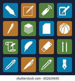 Pen icons set. set of 16 pen filled icons such as feather and paper, basketball, pen, notebook, paper, usb drive, usb signal