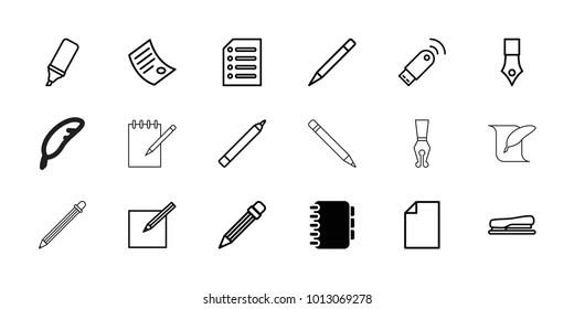 Pen icons. set of 18 editable outline pen icons: notebook, pen, paper, highlighter, stapler, document, usb signal, feather and paper