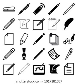 Pen icons. set of 25 editable filled and outline pen icons such as pen, feather, document, usb signal, paper, highlighter, stapler, feather and paper