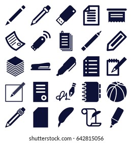 Pen icons set. set of 25 pen filled icons such as pencil, document, feather and paper, basketball, paper, notebook, highlighter, stapler, usb drive, usb signal