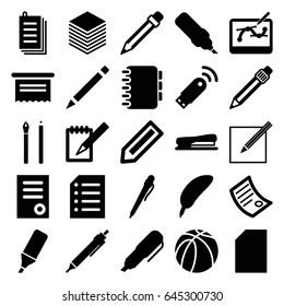 Pen icons set. set of 25 pen filled icons such as pencil, document, basketball, paper, notebook, highlighter, stapler, usb signal