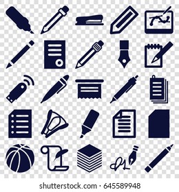 Pen icons set. set of 25 pen filled icons such as pencil, document, feather and paper, basketball, paper, notebook, highlighter, stapler