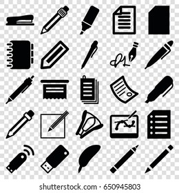 Pen icons set. set of 25 pen filled icons such as pencil, paper, highlighter, stapler, usb drive, document, notebook, usb signal