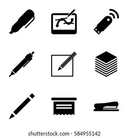 pen icons set. Set of 9 pen filled icons such as stapler, paper, usb signal