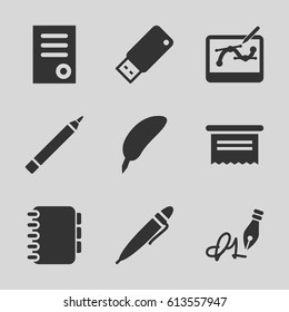 Pen icons set. set of 9 pen filled icons such as document, usb drive, notebook