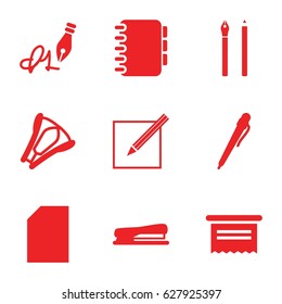 Pen icons set. set of 9 pen filled icons such as stapler, notebook, paper