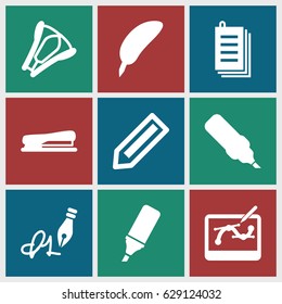 Pen icons set. set of 9 pen filled icons such as pencil, paper, highlighter, stapler