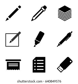 Pen icons set. set of 9 pen filled icons such as pen, highlighter, paper, usb drive