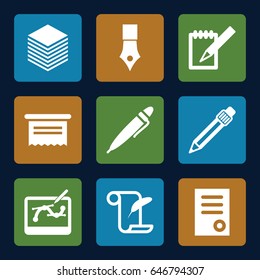 Pen icons set. set of 9 pen filled icons such as document, feather and paper, notebook