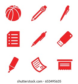 Pen icons set. set of 9 pen filled icons such as pen, basketball, highlighter, paper, usb drive