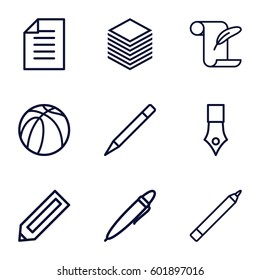 pen icons set. Set of 9 pen outline icons such as pencil, feather and paper, basketball