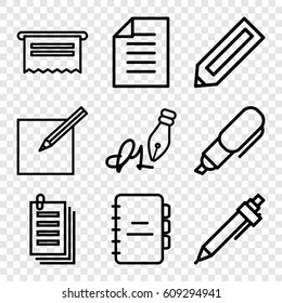 Pen icons set. set of 9 pen outline icons such as pencil, paper, notebook