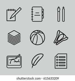Pen icons set. set of 9 pen outline icons such as basketball, notebook, stapler, paper