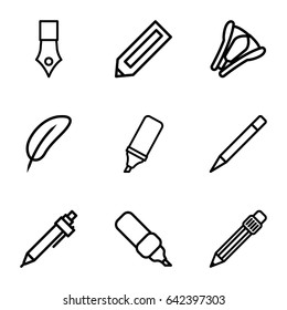 Pen icons set. set of 9 pen outline icons such as pencil, highlighter, stapler
