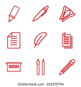 Pen icons set. set of 9 pen outline icons such as paper, highlighter, pen, pencil, stapler, document