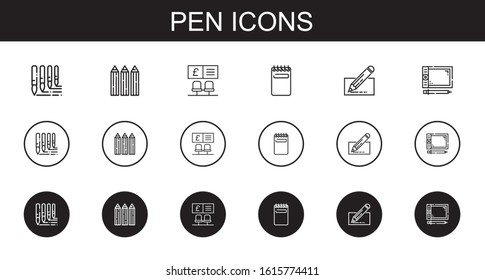 pen icons set. Collection of pen with brushes, pencils, bank, notepad, edit, graphic tablet. Editable and scalable pen icons.