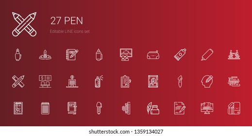 pen icons set. Collection of pen with contract, ink pen, stationary, notebook, notepad, checklist, brush, painting, clipboard, paint, bank, pencil. Editable and scalable icons.