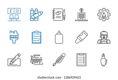 pen icons set. Collection of pen with fountain pen, clipboard, quill, brush, edit, artist, crayon, glue, graphic design, bank, guests book, crayons. Editable and scalable icons.