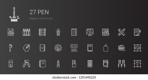 pen icons set. Collection of pen with notebook, notepad, pencil case, contract, glue stick, glue, bank, graphic design, pencil, brushes, clipboard. Editable and scalable pen icons.