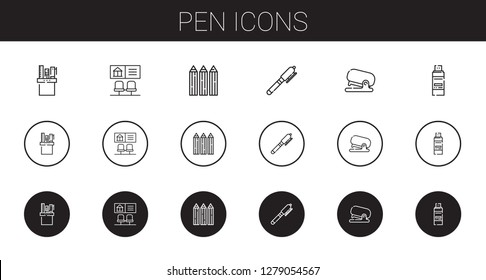 pen icons set. Collection of pen with pencil case, bank, pencils, stapler, pendrive. Editable and scalable pen icons.