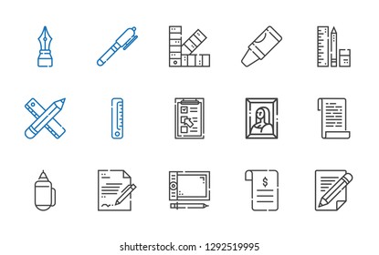 pen icons set. Collection of pen with pencil, contract, graphic tablet, paper, painting, checklist, ruler, school material, crayon, pantone. Editable and scalable pen icons.