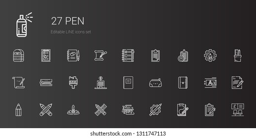 pen icons set. Collection of pen with sketch, pencil, brush, feathers, pencils, notebook, pencil case, bank, stapler, parchment, clipboard, checklist. Editable and scalable pen icons.
