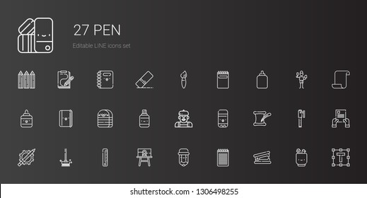 pen icons set. Collection of pen with stapler remover, notepad, pencil, canvas, ruler, brushes, literature, glue stick, artist, correction fluid. Editable and scalable pen icons.