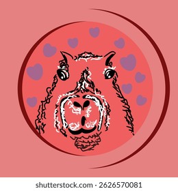Ilustração da caneta. Ilustração de um rosto de capivara a partir da frente. Capibara em círculo. Cor rosa escuro. Capivara e corações.