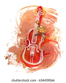 A pen and ink drawing of a vintage violin with a rose and a grunge watercolor stain