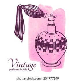 Pen and ink drawn vintage perfume bottle. Brush stroke background. Fashion illustration.