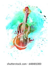 Dibujo de plumas y tinta de un violín con textura de pincel de color agua de tez