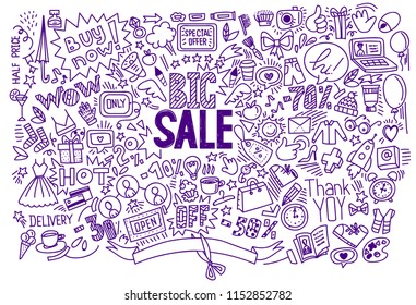 Pen ink Hand drawing Shopping symbols background and lettering headline Big sale. Doodle sketch style, vector Illustration. For banners, posters, flyers.