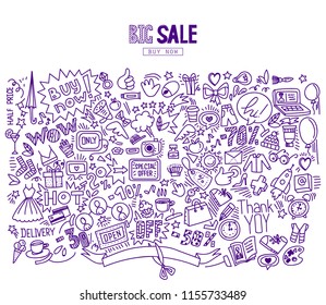 Pen ink Hand drawing Shopping symbols background and lettering headline Big sale. Doodle sketch style, vector Illustration. For banners, posters, flyers.