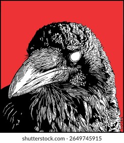 Pen and ink, hand drawn, crow illustration on red becground.