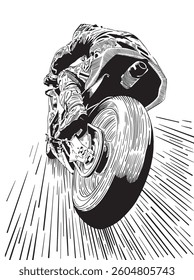 Pen and ink, hand drawn, illustration of motorcycle racer speeding on the track.