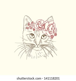 Pen and ink illustration of cat in flower diadem