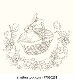 Pen and ink illustration of cute bunny in basket