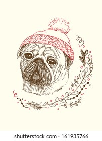 Pen and ink illustration of cute dog in small red beanie