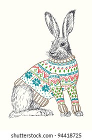 Pen and ink illustration of rabbit in sweater