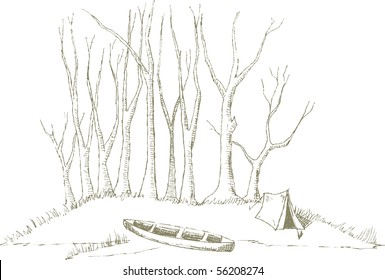 Pen and ink style illustration of a canoe sitting at camp.