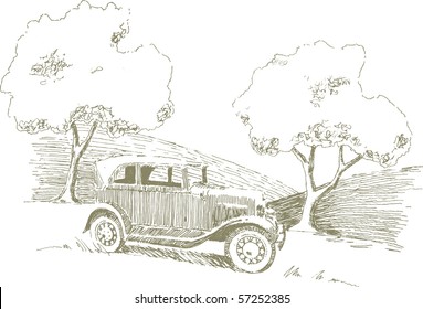 Pen and ink style illustration of a car in a rural setting.