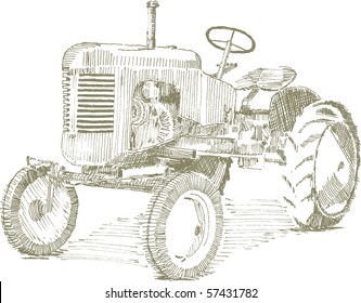 Pen and ink style illustration of an old tractor.