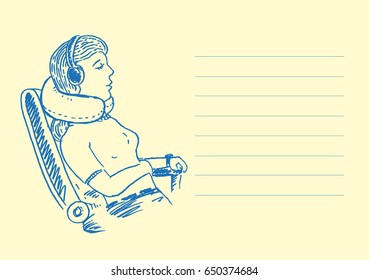 Pen and Ink Style Note Pad with a drawing of a Lady Sleeping while on travel. Editable Clip art.