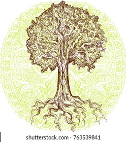 pen and ink tree on an ornate circle backround