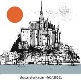 Pen and ink vector illustration of Mont Saint Michel, France. 