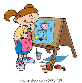 pen and ink vector illustration of a young girl happily painting on an easel.