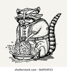 Pen and ink vector print illustration of humanlike raccoon washing brain
