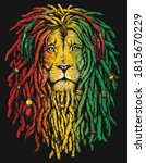 Pen and inked Rastafarian Lion digital illustration on black background. 